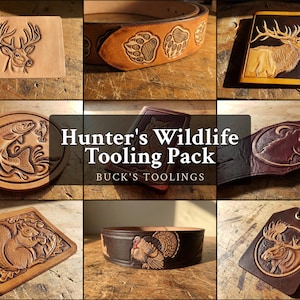 Peut inclure: Une collection d'articles en cuir avec des motifs animaliers en relief, notamment un cerf, des empreintes d'ours, un élan, un poisson, un hibou, un loup, un écureuil, un dindon et un orignal. Le texte central indique Hunter's Wildlife Tooling Pack.