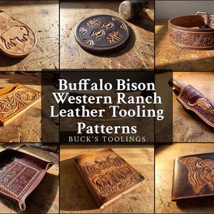Könnte beinhalten: Eine Sammlung von Lederwaren mit Buffalo Bison Western Ranch Leather Tooling Patterns von Buck's Toolings, darunter ein Schlüsselanhänger, Untersetzer, Halsband, Kartenetui, Messerscheide, Ablageschale, Notizbuchhülle und Geldbörse mit Prägung.