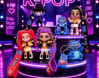K-Pop Idol Bag Charms (4 pcs) – Rubber PVC Keychains on Silicone Wristlets – K-pop Gift for Teens
