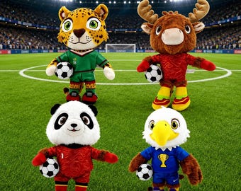 2026 FIFA World Cup Mascot Plush Toy Set, Official-Style Soccer Stuffed Animals, 25cm, Panda Leopard Moose Eagle, Football Fan Gifts