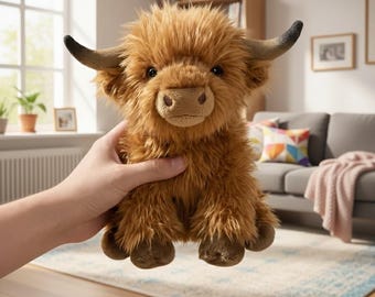 Highland Cow Plush Toy – Soft Fluffy Stuffed Animal, Cute Scottish Cow Plushie, Farm Animal Gift for Kids & Cow Lovers