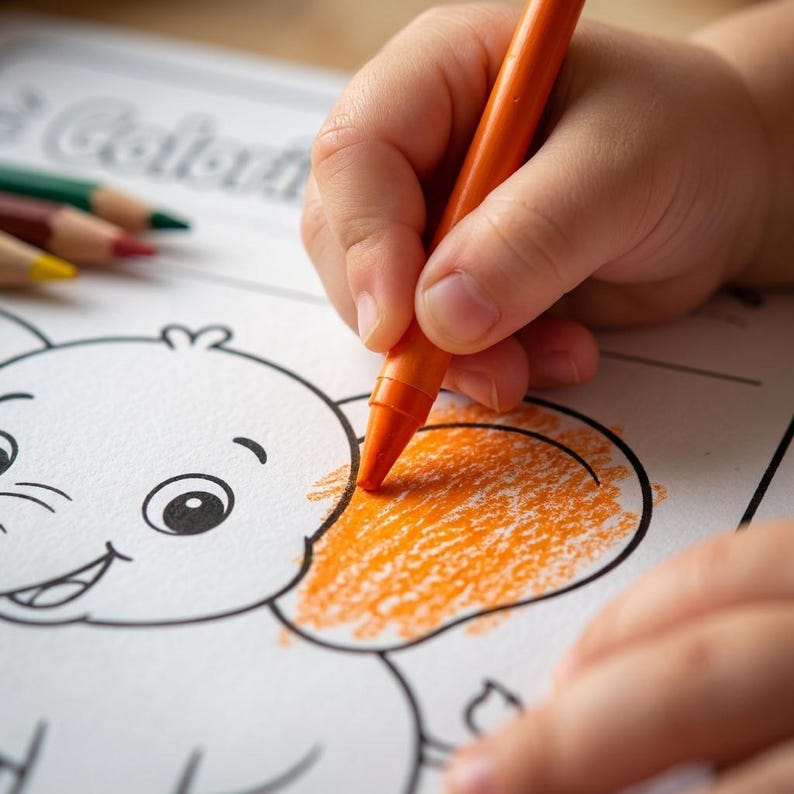 K&ouml;nnte beinhalten: Ein orangefarbener Buntstift wird verwendet, um eine schwarz-wei&szlig;e Strichzeichnung eines Elefanten auf einem Blatt auszumalen. Der Elefant hat gro&szlig;e Ohren und ein l&auml;chelndes Gesicht. Weitere Stifte in Gr&uuml;n, Braun und Gelb sind oben links zu sehen.