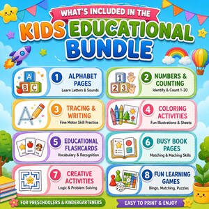 K&ouml;nnte beinhalten: Ein digitales Bildungsb&uuml;ndel f&uuml;r Kinder mit acht nummerierten Abschnitten: Alphabetseiten, Zahlen und Z&auml;hlen, Nachzeichnen und Schreiben, Malaktivit&auml;ten, Lernkarteikarten, Besch&auml;ftigungsbuchseiten, kreative Aktivit&auml;ten und Lernspiele.
