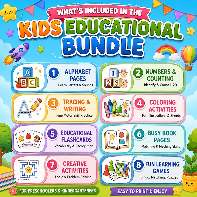 K&ouml;nnte beinhalten: Ein digitales Bildungsb&uuml;ndel f&uuml;r Kinder mit acht nummerierten Abschnitten: Alphabetseiten, Zahlen und Z&auml;hlen, Nachzeichnen und Schreiben, Malaktivit&auml;ten, Lernkarteikarten, Besch&auml;ftigungsbuchseiten, kreative Aktivit&auml;ten und Lernspiele.