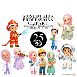May include: A digital collection of 25 PNG files titled MUSLIM KIDS PROFESSIONS CLIPART. The images feature cartoon children in various roles including a firefighter, scientist, teacher, doctor, violinist, construction worker, and astronaut.
