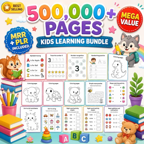 500K+ Kids Learning Bundle | MRR PLR Worksheets | kindergarten worksheets | Digital Download