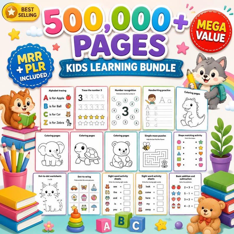 K&ouml;nnte beinhalten: Ein digitales Lernpaket f&uuml;r Kinder mit &uuml;ber 500.000 Seiten an Arbeitsbl&auml;ttern, darunter Alphabet-Nachspuren, Zahlenerkennung, Schreib&uuml;bungen, Ausmalbilder, Labyrinthe, Formenzuordnungen und mathematische Aufgaben mit Tierillustrationen.