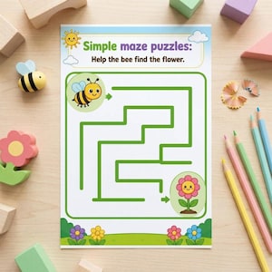 K&ouml;nnte beinhalten: Ein rechteckiges Arbeitsblatt mit dem Titel Simple maze puzzles: Help the bee find the flower. Die Seite zeigt einen gr&uuml;nen Labyrinthpfad, der eine gezeichnete Biene mit einer Blume verbindet, sowie bunte Blumenillustrationen auf wei&szlig;em Grund.