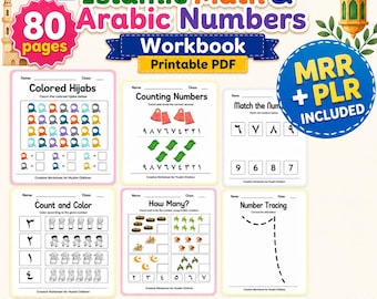 Könnte beinhalten: Ein digitales Arbeitsbuch mit dem Titel Creative Islamic Math & Arabic Numbers Workbook mit 80 Seiten. Das Cover zeigt sechs Beispielarbeitsblätter mit Zählübungen, Zahlen nachspuren und arabischen Ziffern sowie Symbole für druckbare PDF.