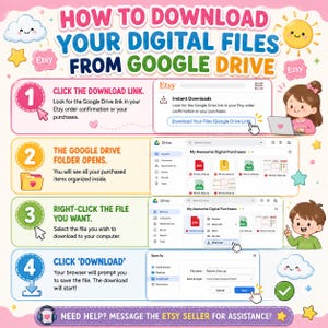K&ouml;nnte beinhalten: Eine informative Infografik mit dem Titel HOW TO DOWNLOAD YOUR DIGITAL FILES FROM GOOGLE DRIVE. Sie zeigt vier nummerierte Schritte mit Text und Screenshots, die erkl&auml;ren, wie man Dateien von einer Etsy-Bestellung herunterl&auml;dt.