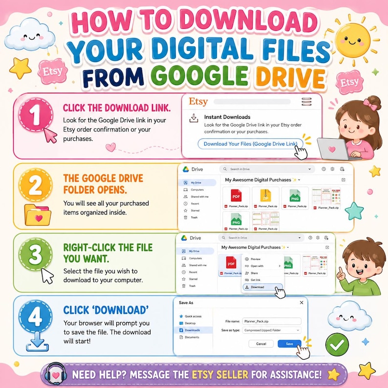 K&ouml;nnte beinhalten: Eine informative Infografik mit dem Titel HOW TO DOWNLOAD YOUR DIGITAL FILES FROM GOOGLE DRIVE. Sie zeigt vier nummerierte Schritte mit Text und Screenshots, die erkl&auml;ren, wie man Dateien von einer Etsy-Bestellung herunterl&auml;dt.