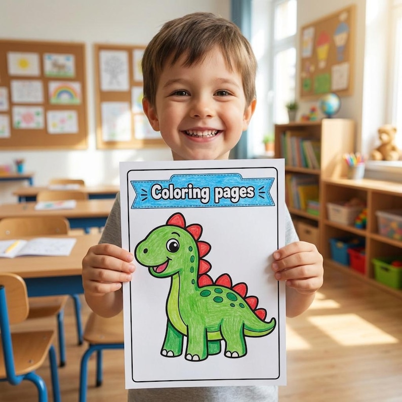 K&ouml;nnte beinhalten: Ein wei&szlig;es Blatt Papier mit dem Text Coloring pages in einem blauen Banner oben und einer farbigen Illustration eines gr&uuml;nen Dinosauriers mit roten Stacheln auf dem R&uuml;cken. Der Dinosaurier hat einen hellgr&uuml;nen Bauch und dunkelgr&uuml;ne Flecken.