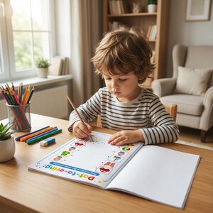 K&ouml;nnte beinhalten: Ein Kind in einem gestreiften Langarmshirt benutzt einen Holzstift, um ein Dot-to-ering-Aktivit&auml;tsbuch auszuf&uuml;llen. Die Seite zeigt bunte Illustrationen eines Autos, Cupcakes, Frosches, einer Blume, eines Bootes und eines Schmetterlings mit dem Text Dot-to-ering.
