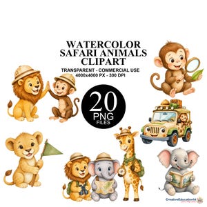 May include: A collection of watercolour safari animal illustrations including a lion, monkey, giraffe, and elephant. The text reads WATERCOLOR SAFARI ANIMALS CLIPART, TRANSPARENT - COMMERCIAL USE, 4000x4000 PX - 300 DPI, 20 PNG FILES, and CreativeEducationId.