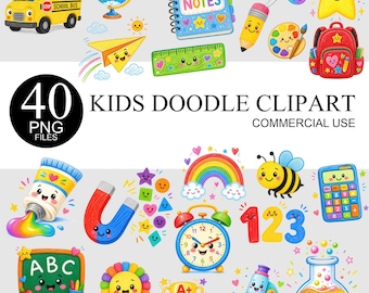 Könnte beinhalten: Eine Sammlung von 40 bunten digitalen Illustrationen zum Thema Schule, darunter ein gelber Schulbus, ein Globus, ein Notizbuch mit dem Text NOTES, eine Schere, ein Bleistift, eine Farbpalette, ein Stern, ein Rucksack, eine Farbtube, ein Magnet, ein Regenbogen, eine Biene, ein Taschenrechner, eine Tafel mit ABC, ein Pokal, ein Mikroskop und ein Becherglas.
