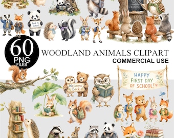 Könnte beinhalten: Eine Sammlung von 60 digitalen PNG-Dateien mit Aquarellillustrationen von Waldtieren wie Eulen, Igeln, Füchsen, Bären, Kaninchen und Waschbären. Die Figuren sind mit Schulsachen, Büchern und Schildern mit der Aufschrift Happy First Day of School dargestellt.