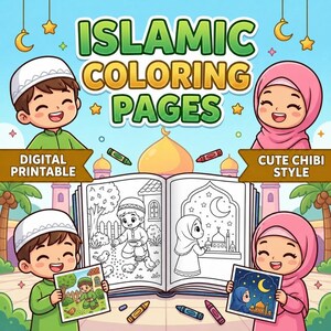 Puede incluir: Un libro de colorear digital titulado ISLAMIC COLORING PAGES con ilustraciones estilo chibi de niños con ropa tradicional. La portada muestra un libro abierto con dibujos de líneas, rodeado de crayones, estrellas, lunas y siluetas de mezquitas.