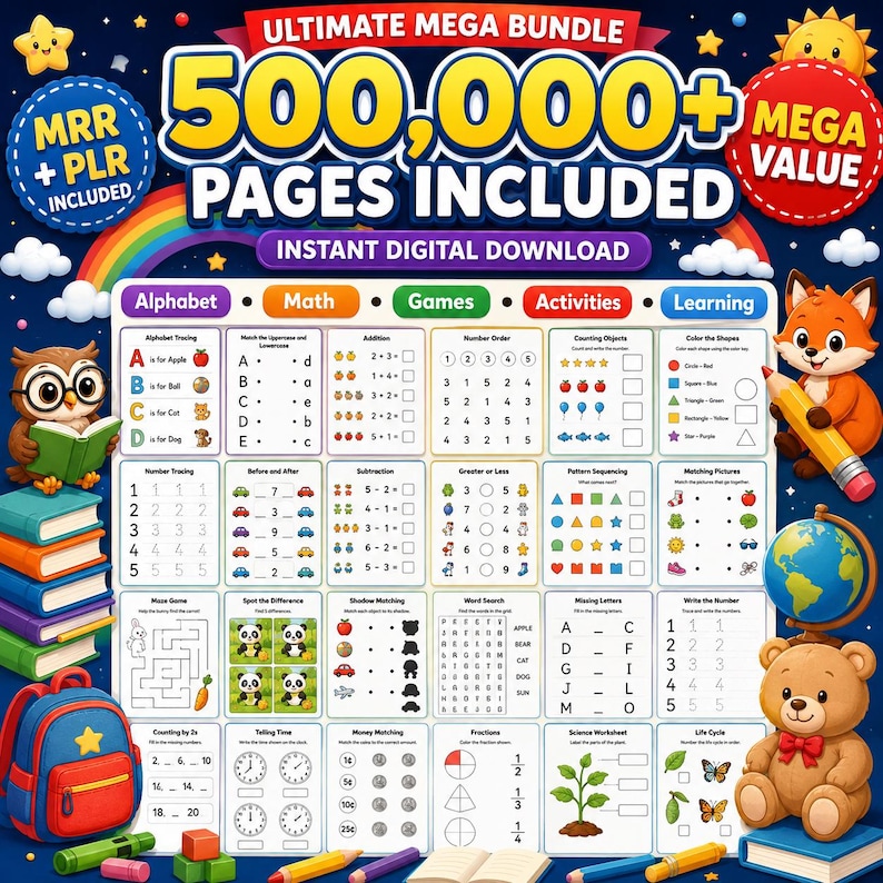 K&ouml;nnte beinhalten: Ein digitales Download-Paket mit &uuml;ber 500.000 Seiten an Lernarbeitsbl&auml;ttern f&uuml;r Kinder. Die Grafik enth&auml;lt Bereiche f&uuml;r Alphabet, Mathe, Spiele, Aktivit&auml;ten und Lernen, verziert mit Illustrationen einer Eule, eines Fuchses und eines B&auml;ren.