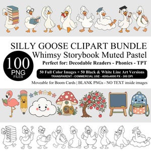 Pode incluir: Um pacote de clipart digital com gansos brancos em várias poses, um flamingo rosa, um lápis, uma nuvem, uma casa de cogumelo, uma macieira, um quadro-negro e uma mochila. O texto diz SILLY GOOSE CLIPART BUNDLE.