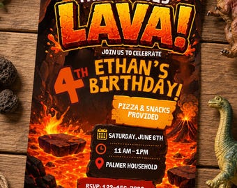 Può includere: Un biglietto d'invito di compleanno rettangolare a tema vulcanico con il testo THE FLOOR IS LAVA! JOIN US TO CELEBRATE 4TH ETHAN'S BIRTHDAY! PIZZA & SNACKS PROVIDED, SATURDAY, JUNE 6TH, 11 AM-1PM, PALMER HOUSEHOLD, RSVP: 123-456-7890.