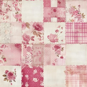 May include: A patchwork fabric featuring a grid of square panels in various shades of pink and white. The design includes floral rose patterns, checkered squares, and solid textured blocks with scalloped edges between each individual square.