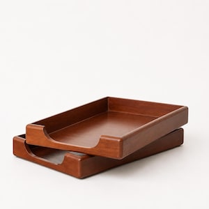 Vintage Wooden Letter Tray Set | Mid Century Desk Organizer, Walnut-Tone Stackable Filing System