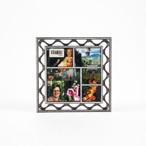May include: A square multi-opening collage picture frame with a dark metallic finish and a wavy, scalloped outer border. The frame contains five distinct rectangular sections displaying various photographs, including portraits and nature scenes.