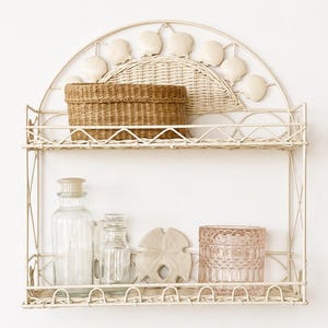 Vintage Wicker Wall Shelf with Seashell Accents | Boho Beach Cottage Storage