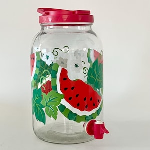 Vintage Watermelon Glass Beverage Dispenser with Spigot | Retro Summer Drink Jar | Fruit Decor Party Drink Server