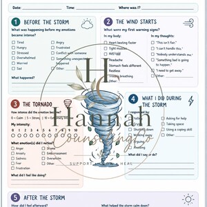 May include: A white Emotions Tornado Tracker worksheet featuring five sections: Before the Storm, The Wind Starts, The Tornado, What I Did During the Storm, and After the Storm. The layout includes checkboxes, lines for writing, and a central tornado illustration.
