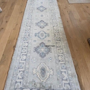Vintage Turkish Oushak Runner Rug, Sky Blue Ivory Hallway Runner, 3x10 Hand Knotted Wool Rug, Farmhouse Entryway Carpet