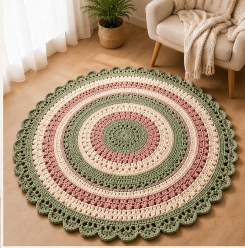 May include: A round, crocheted rug featuring concentric circles in alternating shades of sage green, dusty rose, and cream. The rug has a textured, intricate stitch pattern throughout and is finished with a decorative scalloped edge border.