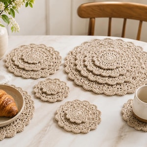 Stacked Petals Kitchen Set, Trivet Pattern, Crochet Placemat, Coaster, Pot Protector, Plate Protector, Farmhouse Kitchen Decor, PDF