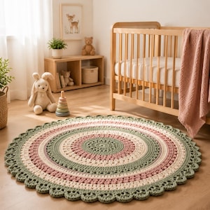 May include: A round, crocheted rug featuring concentric circles in shades of sage green, dusty rose, and cream. The rug has a decorative scalloped edge and is placed on a light wood floor in front of a wooden crib with a draped pink blanket.