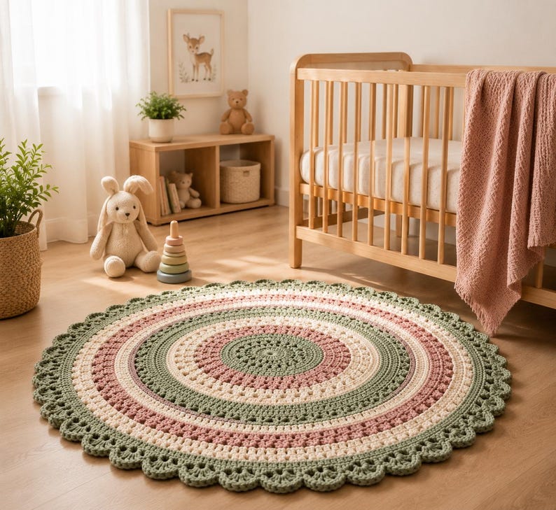 May include: A round, crocheted rug featuring concentric circles in shades of sage green, dusty rose, and cream. The rug has a decorative scalloped edge and is placed on a light wood floor in front of a wooden crib with a draped pink blanket.
