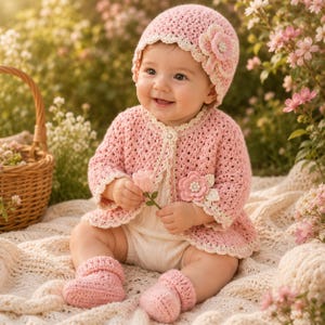 Könnte beinhalten: Ein Häkelset für Babys bestehend aus einer hellrosa Strickjacke mit cremefarbenem Rand, einer passenden Mütze mit großer Blumenapplikation und zartrosa Babyschuhen. Die Jacke ist mit einer kleinen Blume und einem cremefarbenen Knopf versehen.