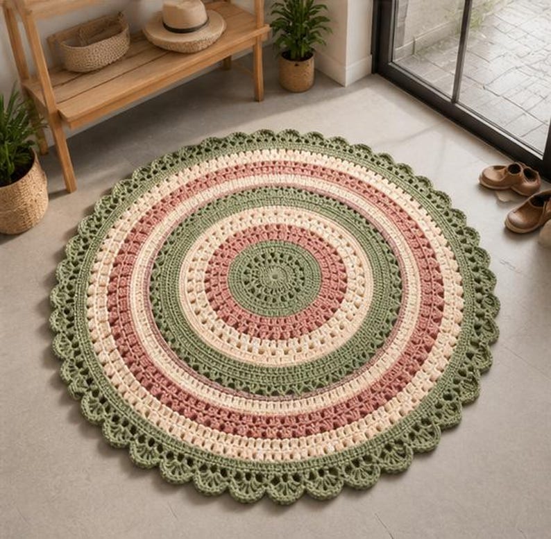 May include: A round, crocheted rug featuring concentric circles in shades of sage green, dusty rose, and cream. The rug has a textured, stitch-patterned surface and a decorative, scalloped edge that creates a finished, circular border design.