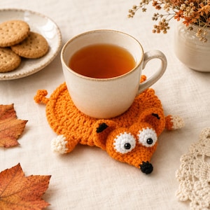May include: A round, orange crocheted coaster shaped like a fox with white-tipped paws, a black nose, and large white eyes with black pupils. The coaster features a small tail and ears, and it supports a beige ceramic mug filled with amber tea.