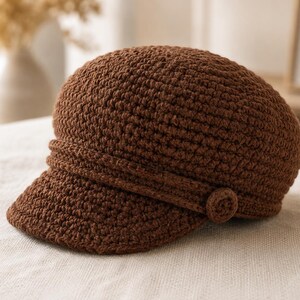 May include: A dark brown crocheted newsboy cap featuring a rounded crown, a short stiff brim, and a decorative horizontal band across the front that is accented with a small circular button detail on the side, all crafted from yarn.
