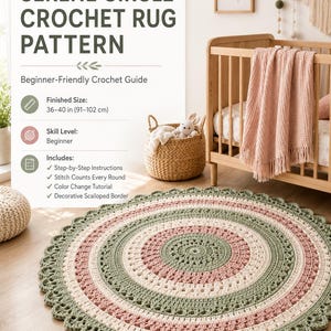 May include: A circular crochet rug pattern guide titled Serene Circle Crochet Rug Pattern. The text lists a finished size of 36-40 inches, beginner skill level, and includes step-by-step instructions, stitch counts, and a decorative scalloped border.