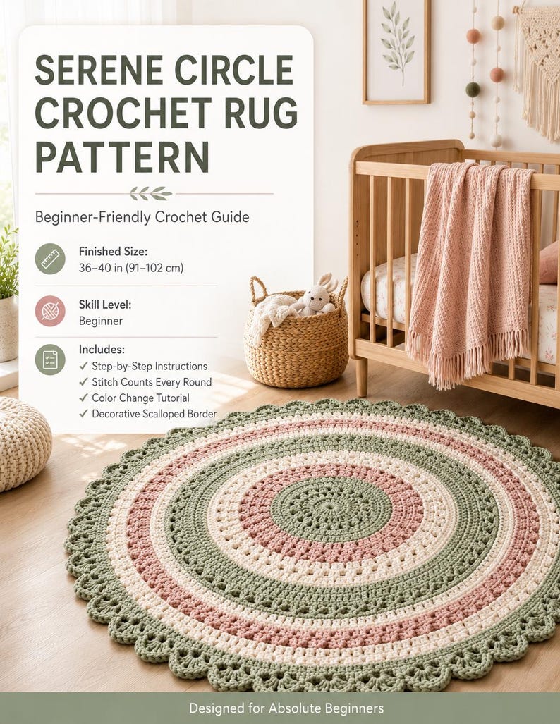 May include: A circular crochet rug pattern guide titled Serene Circle Crochet Rug Pattern. The text lists a finished size of 36-40 inches, beginner skill level, and includes step-by-step instructions, stitch counts, and a decorative scalloped border.