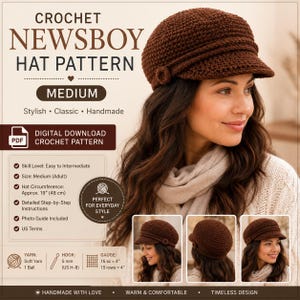 May include: A digital download crochet pattern for a brown newsboy hat in size medium. The document includes text detailing a hat circumference of 19 inches, a 5 mm hook requirement, and a gauge of 16 stitches by 15 rows per 4 inches for this project.