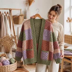 以下が含まれることがあります： セージグリーン、ダスティローズ、ラベンダーの色合いの四角いモチーフのパッチワーク柄が特徴の長袖かぎ針編みカーディガン。前開き、袖口、裾に無地のセージグリーンのリブ編みが施されており、ポケットが2つ付いています。