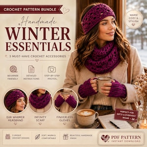 Può includere: Un pacchetto di schemi all'uncinetto per accessori invernali che include una fascia scaldorecchie, una sciarpa ad anello e guanti senza dita. Il testo riporta Crochet Pattern Bundle, Winter Essentials, 3 Must-Have Crochet Accessories e PDF Pattern.