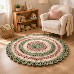 May include: A round, crocheted rug featuring concentric circles in shades of sage green, dusty rose, and cream. The rug has a decorative scalloped edge with a repeating pattern of stitches, creating a textured, circular design on the floor.