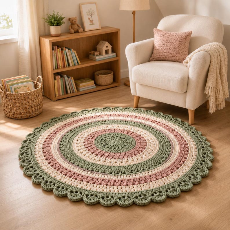 May include: A round, crocheted rug featuring concentric circles in shades of sage green, dusty rose, and cream. The rug has a decorative scalloped edge with a repeating pattern of stitches, creating a textured, circular design on the floor.
