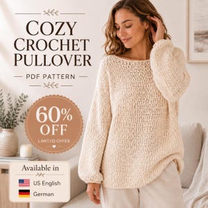Modello PDF per maglione all'uncinetto, pullover moderno dalla vestibilità ampia, canotta boho, top all'uncinetto con scollo a barca facile da realizzare, taglie dalla XS alla 5XL, capo all'uncinetto adatto ai principianti.