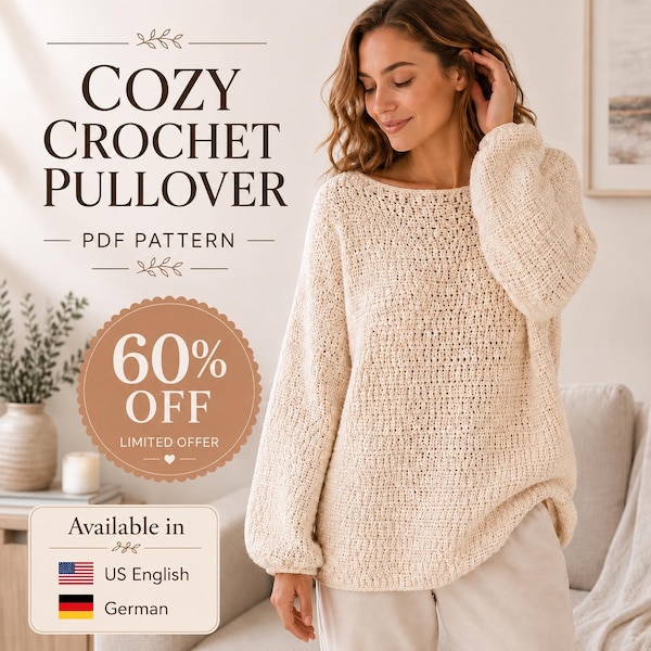 Crochet Sweater Pattern PDF, Modern Loose Fit Pullover, Boho Tank Top, Easy Boat Neck Crochet Top, XS–5XL, Beginner-Friendly Crochet Garment