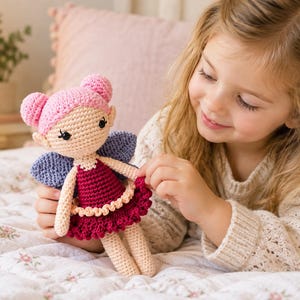 Könnte beinhalten: Eine handgefertigte Häkelpuppe mit hellbeigem Teint, leuchtend rosa Haaren in zwei Dutts und dunklen gestickten Augen. Die Puppe trägt ein dunkelrotes Kleid mit einem gerüschten Rock und hat kleine violette Flügel am Rücken befestigt.