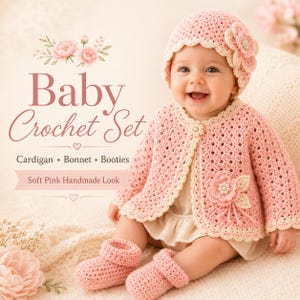 Op de afbeelding: Een baby haakset bestaande uit een lichtroze vestje, een bijpassend mutsje en slofjes. Het vestje heeft een crèmekleurige rand, een bloemapplicatie met parelaccenten en een knoopsluiting. Het mutsje is voorzien van een grote bloemdecoratie.